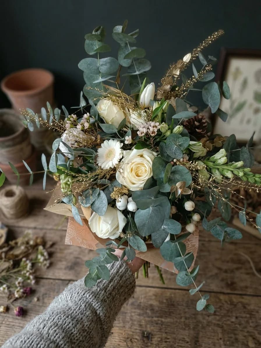 Bouquet blanc et vert composé de roses, de fleurs légères, d'eucalyptus et de touches dorées, tenu au-dessus d'un établi en bois