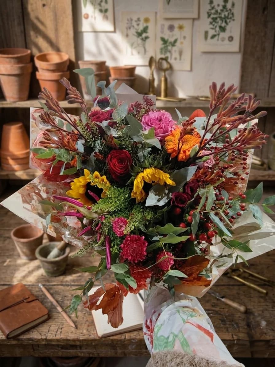 Bouquet foisonnant rouge, fuchsia, orange et jaune, tenu devant un établi de fleuriste