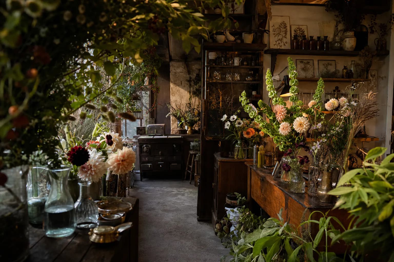 Atelier de fleuriste chaleureux rempli de fleurs de saison, de Molucelles et d’objets botaniques chinés
